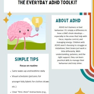 Puede incluir: Una infografía colorida titulada "THE EVERYDAY ADHD TOOLKIT" con una ilustración de cerebro y bombilla de dibujos animados. Ofrece consejos sencillos para rutinas e información sobre el TDAH.
