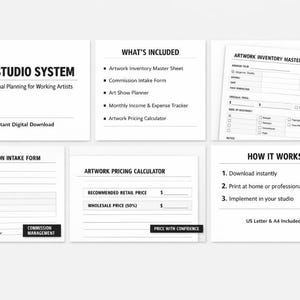 Op de afbeelding: Een digitale download genaamd "The Studio System" voor professionele kunstenaars. Bevat een inventarisblad voor kunstwerken, een commissie-intakeformulier, een kunsttentoonstellingsplanner en een prijscalculator. Instructies zijn inbegrepen.