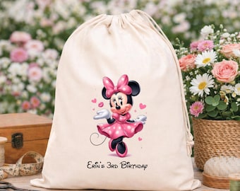 Personalized Mickey Minnie Birthday Favor Bags: Cotton Party Gift Pouches