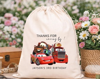 Gepersonaliseerde Lightning McQueen-bedankzakjes verjaardag: katoenen traktatiezakje voor Racing Celebration-jongens