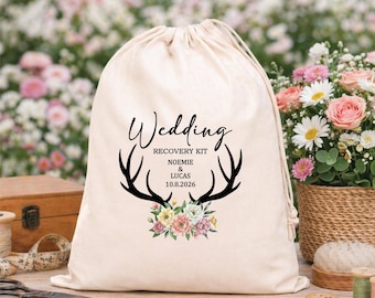 Wedding Recovery Kit: Bachelorette Party Favor, Birthday hangover Kits, Deer Antler Drawstring Bags, Goodie