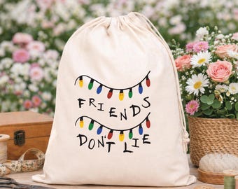 80s Mystery Drawstring Pouch: Friends Don't Lie Party Favor, Sci-Fi Fan Birthday Goodie Bags