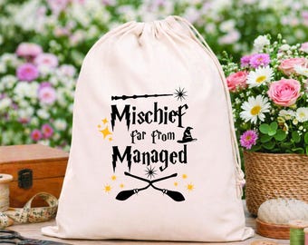 Mischief Managed Bachelorette Goodie: Fantasy Theme Bag, Wizard Themed Birthday Party Favor, Drawstring Pouches