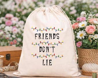 Friends Don't Lie-feestbedankje: mysterieus zakje uit de jaren 80, zakje met trekkoord, scifi-fan verjaardagscadeautjes