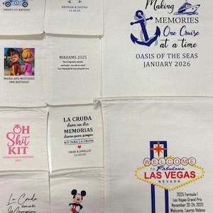 Puede incluir: Una colecci&oacute;n de bolsas de tela blancas con varios dise&ntilde;os impresos. Algunas bolsas presentan texto como "Making Memories" con un ancla y un barco, y "Welcome to Fabulous Las Vegas". Otras bolsas tienen texto para cumplea&ntilde;os y eventos.