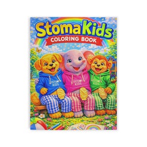 May include: A colorful "StomaKids Coloring Book" cover featuring a rainbow, three cartoon characters, and the text "COLORING BOOK." The characters are a dog, an elephant, and a monkey, all wearing hoodies and striped pants.
