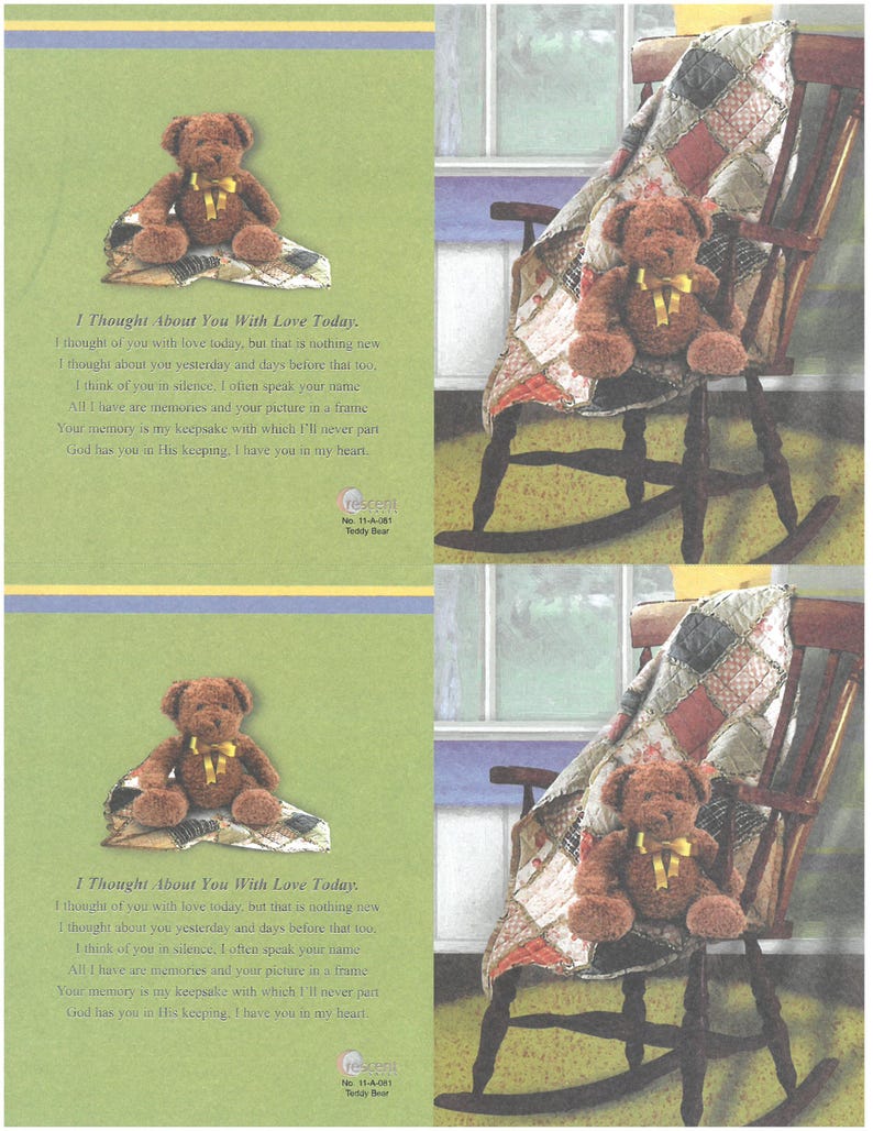 May include: A brown teddy bear with a yellow ribbon sits on a patterned blanket. The image includes text that reads "I Thought About You With Love Today." A rocking chair and a quilt are also visible.