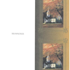 May include: Greeting card with a painting of a white church with a steeple, set against autumn leaves. The church is framed by a decorative border. The card is vertically oriented.
