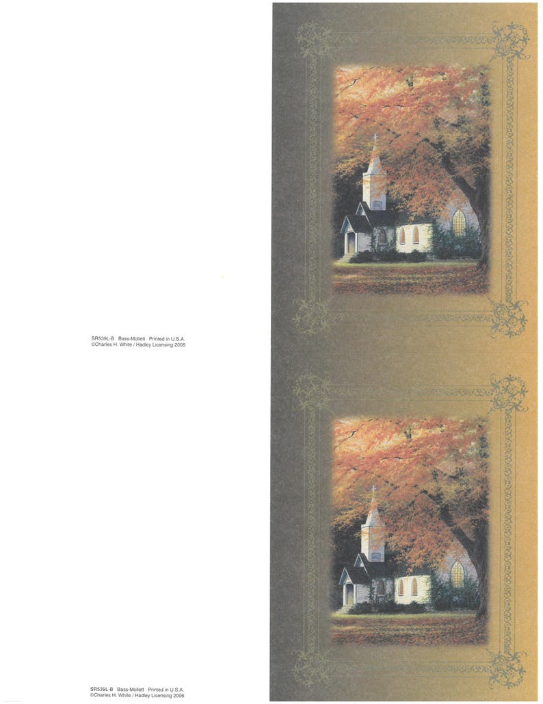 May include: Greeting card with a painting of a white church with a steeple, set against autumn leaves. The church is framed by a decorative border. The card is vertically oriented.