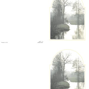 May include: Two greeting cards with a tranquil landscape. Each card shows a misty river scene with trees and reflections, set within an arched border. The cards are printed in the U.S.A.