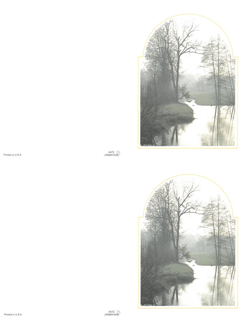 May include: Two greeting cards with a tranquil landscape. Each card shows a misty river scene with trees and reflections, set within an arched border. The cards are printed in the U.S.A.