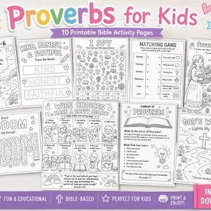 Puede incluir: Una colección de diez páginas de actividades bíblicas imprimibles tituladas Proverbs for Kids, que presentan ilustraciones en blanco y negro, ejercicios de caligrafía, juegos de emparejar y actividades de búsqueda con temas religiosos.