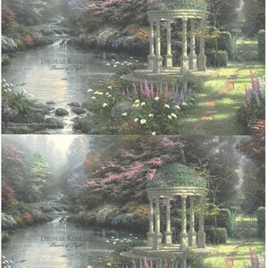 May include: A tranquil landscape painting by Thomas Kinkade, depicting a gazebo, stream, and abundant foliage. The artwork features a gazebo with a green dome, a flowing stream, and colourful flowers. The painting is filled with soft light and a sense of peace.