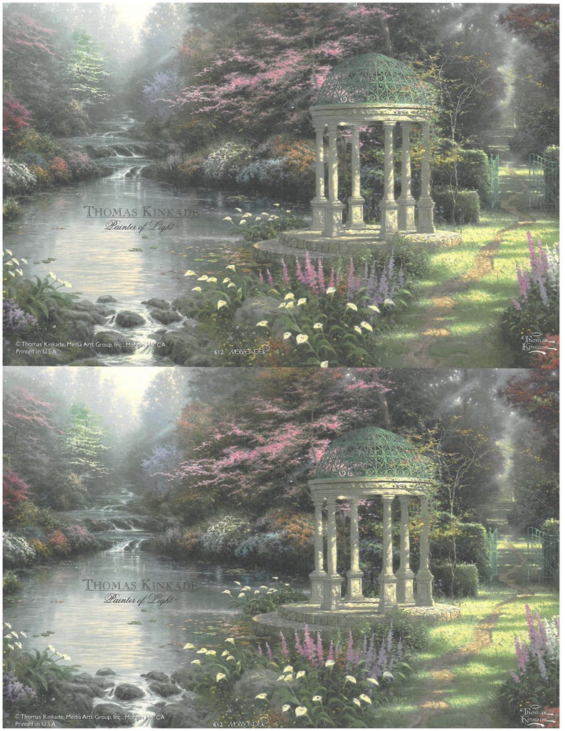 May include: A tranquil landscape painting by Thomas Kinkade, depicting a gazebo, stream, and abundant foliage. The artwork features a gazebo with a green dome, a flowing stream, and colourful flowers. The painting is filled with soft light and a sense of peace.