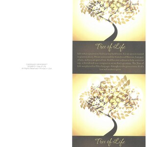 May include: Two cards featuring a golden tree illustration on a yellow backdrop. The tree has a dark trunk and golden leaves. The words "Tree of Life" are written in cursive. The cards also include text about life and faith.