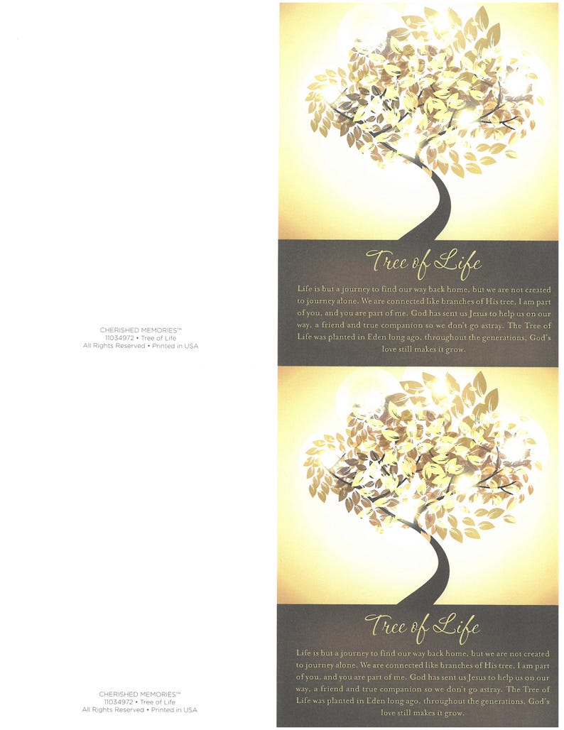 May include: Two cards featuring a golden tree illustration on a yellow backdrop. The tree has a dark trunk and golden leaves. The words "Tree of Life" are written in cursive. The cards also include text about life and faith.