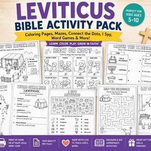 Puede incluir: Un paquete de actividades bíblicas sobre el Levítico con hojas de trabajo imprimibles en blanco y negro que incluyen dibujos para colorear, laberintos, unir puntos, juegos de buscar y juegos de palabras sobre el tabernáculo.