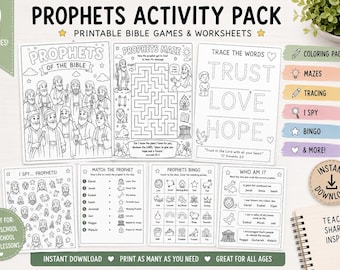 A Christian 1 week- Major and Minor Prophets| Bible Activity Pages for Kids |Printable Bundle | Christian Mazes |I Spy |Worship Worksheets