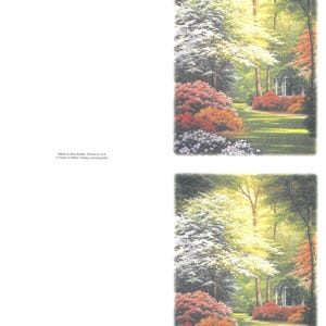 May include: Two identical landscape prints depicting a garden scene with a white gazebo, vibrant greenery, and colourful bushes. The artwork includes trees with white and green foliage, and the text "UN4031" and copyright information.
