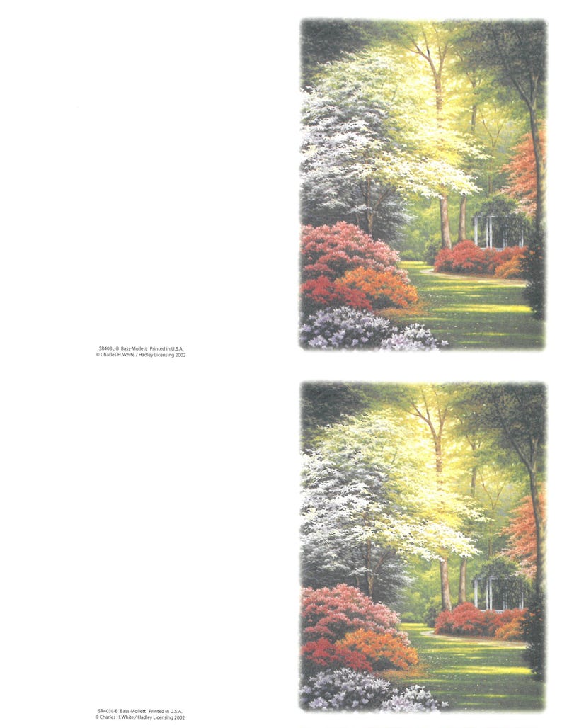 May include: Two identical landscape prints depicting a garden scene with a white gazebo, vibrant greenery, and colourful bushes. The artwork includes trees with white and green foliage, and the text "UN4031" and copyright information.