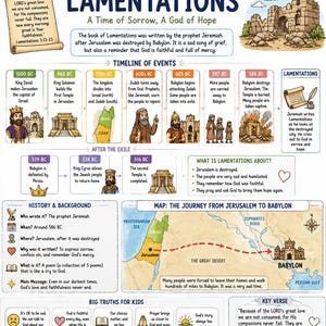 Könnte beinhalten: Eine lehrreiche Infografik mit dem Titel LAMENTATIONS A Time of Sorrow, A God of Hope. Sie enthält eine Zeitleiste der Ereignisse von 1000 v. Chr. bis 516 v. Chr., eine Karte der Reise von Jerusalem nach Babylon, Hintergrundinfos und Kernverse.