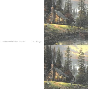 May include: A painting depicting a cabin in a forest setting, with a stone chimney and illuminated windows. A path leads to the cabin, and a small boat is on the water. The text "A Peaceful Retreat" and "Messenger" are visible.