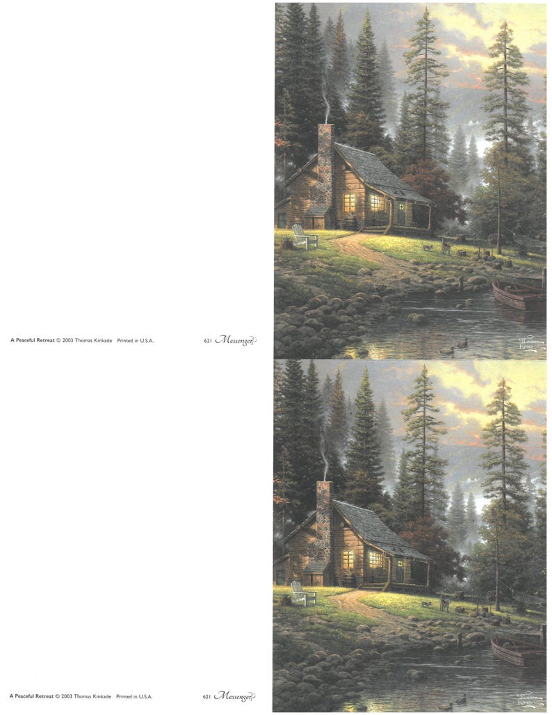 May include: A painting depicting a cabin in a forest setting, with a stone chimney and illuminated windows. A path leads to the cabin, and a small boat is on the water. The text "A Peaceful Retreat" and "Messenger" are visible.