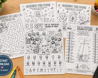A Christian 1 week- 12 Disciples Fishers of Men Bible Activity Pages for Kids |Printable Bundle | Christian Mazes |I Spy |Worship Worksheets