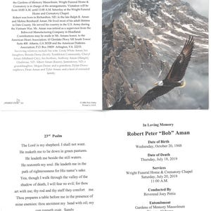 May include: Memorial card featuring a mountain and eagle illustration. Text includes a poem, obituary details for Robert Peter "Bob" Aman, date of birth, death, and service information.