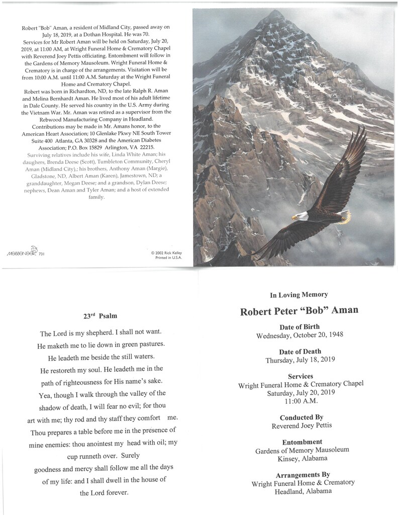 May include: Memorial card featuring a mountain and eagle illustration. Text includes a poem, obituary details for Robert Peter "Bob" Aman, date of birth, death, and service information.