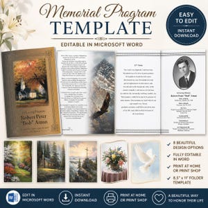 May include: A memorial program template with the text "Memorial Program Template" and "Editable in Microsoft Word." The design includes a photo of a church, a mountain scene with an eagle, and a portrait. It offers 8 design options and is an 21.59 cm x 27.94 cm folder template.