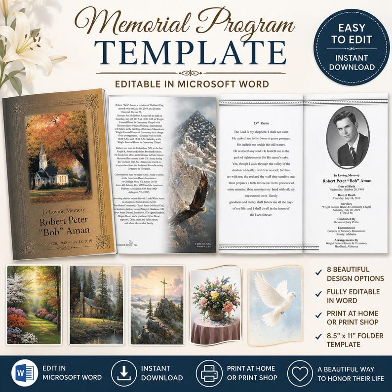 May include: A memorial program template with the text "Memorial Program Template" and "Editable in Microsoft Word." The design includes a photo of a church, a mountain scene with an eagle, and a portrait. It offers 8 design options and is an 21.59 cm x 27.94 cm folder template.