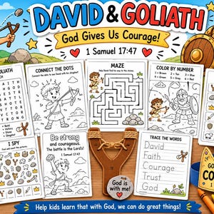 以下が含まれることがあります： ダビデとゴリアテをテーマにした、子供向けのカラフルな教育用アクティビティセット。塗り絵、迷路、単語検索、点つなぎアクティビティが含まれています。「神は私たちに勇気を与えてくださる！」というテキストが目立っています。