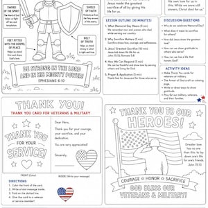 Peut inclure: Illustration en noir et blanc d'un enfant en armure, avec des éléments de la foi chrétienne. Comprend une carte de remerciement pour les anciens combattants et un message patriotique, avec le texte "Dieu bénisse nos anciens combattants et militaires!"