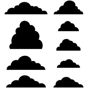 May include: A collection of eight black cloud silhouettes of varying sizes and shapes against a white background. The clouds range from small, rounded forms to larger, elongated shapes, all in a solid, opaque black.