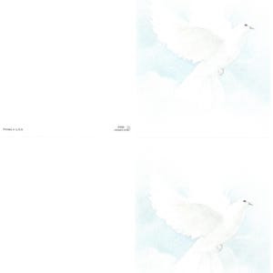 May include: Two greeting cards showing a white dove in flight against a soft blue and white backdrop. The dove has outstretched wings and is in a watercolour style. The cards are blank, with text at the bottom left and right.