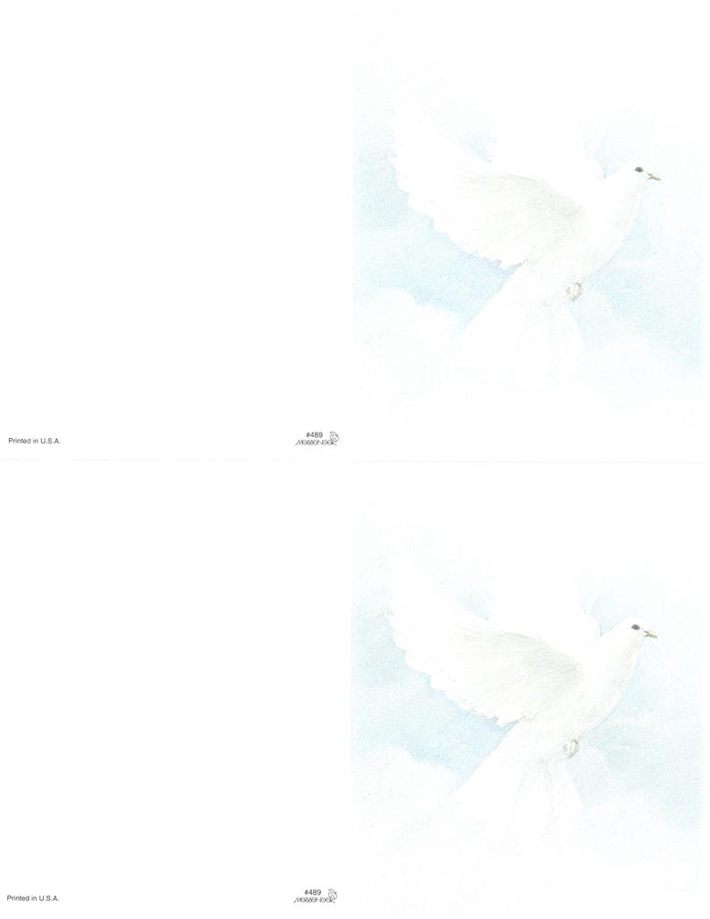 May include: Two greeting cards showing a white dove in flight against a soft blue and white backdrop. The dove has outstretched wings and is in a watercolour style. The cards are blank, with text at the bottom left and right.