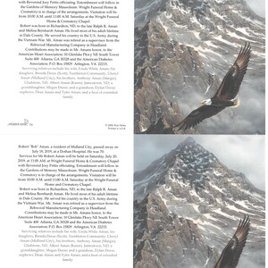 May include: A memorial announcement with text about Robert "Bob" Aman, who passed away in 2019. The announcement is set against a backdrop of a mountain range and a soaring bald eagle.