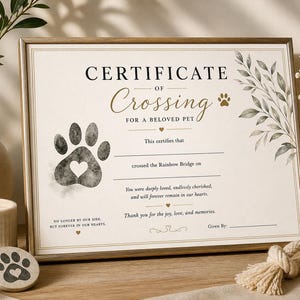 Könnte beinhalten: Eine gerahmte Urkunde mit dem Text "CERTIFICATE OF CROSSING FOR A BELOVED PET". Die Urkunde hat ein Pfotenabdruck-Design mit einem Herzen und dekorativen floralen Elementen. Ein kleiner, runder Stein mit einem Pfotenabdruck befindet sich im Vordergrund.