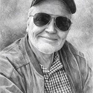 May include: Pencil sketch portrait of a smiling person wearing aviator sunglasses and a baseball cap. The person is also wearing a plaid shirt and a jacket. The image is in black and white.