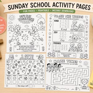 May include: Four black and white printable activity pages titled Sunday School Activity Pages featuring dot-to-dot, word tracing, I Spy, and maze games with illustrations of children, sports equipment, and religious text verses on a wooden surface.