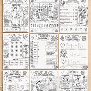 May include: A collection of nine black and white printable activity pages titled Ruth Bible Activity Pages for Kids. The sheets feature illustrations of biblical figures, word searches, matching games, mazes, and tracing exercises with text.