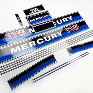 May include: A selection of Mercury boat decals, with the number "115" in red and white, and the brand name in blue and white. The decals have black, blue, and silver accents. Includes "Power Trim" and other labels.