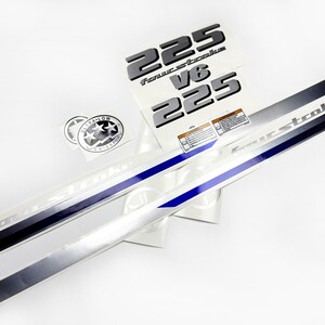 May include: A selection of marine engine decals and stickers. The set includes multiple stickers with the text "225 V6 Four Stroke", and "Ultra Low Emission". The long decals have a silver and black gradient with a blue stripe.