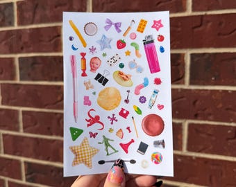 Hoja de pegatinas de nostalgia del año 2000, estética de princesa basura, infancia de los 2000, collage de objetos aleatorios y pegatinas de diario basura (11,5 x 17,7 cm)