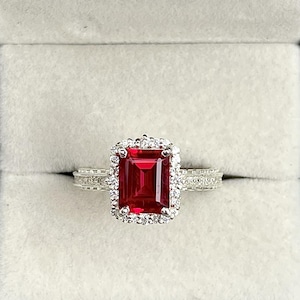 Emerald Cut Ruby Halo Ring, 925 Solid Sterling Silver Engagement Ring, Gift For Her