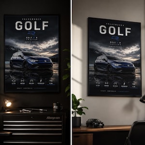 Könnte beinhalten: Ein gerahmtes Poster mit einem dunkelblauen Volkswagen Golf R, der vor einer Berglandschaft in der Abenddämmerung steht. Der Text lautet Volkswagen GOLF, R, GOLF R 4MOTION, BORN TO PERFORM, inklusive technischer Symbole mit 2.0 TSI, 4MOTION, 250 KW, TURBOCHARGED und 6-DSG.