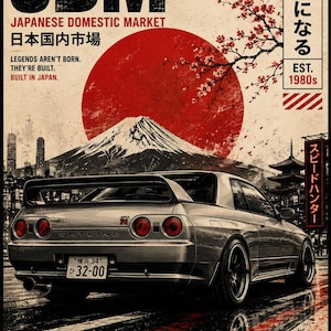 Könnte beinhalten: Ein Poster mit einem silbernen Nissan Skyline GT-R von hinten, vor einer großen roten Sonne und dem Berg Fuji. Der Text enthält JDM, JAPANESE DOMESTIC MARKET, LEGENDS AREN'T BORN. THEY'RE BUILT. BUILT IN JAPAN sowie weitere japanische Schriftzeichen.