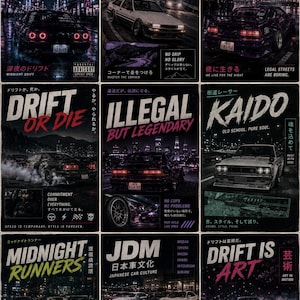 Könnte beinhalten: Ein Raster aus neun Postern mit japanischer Autokultur, Drift-Rennen und nächtlichen Stadtszenen. Jedes Poster zeigt stilisierte Texte, darunter Phrasen wie Tokyo Nights, Drift or Die und JDM, sowie Abbildungen von modifizierten Sportwagen.