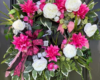 Handmade Pink White Floral Wreath, Farmhouse Front Door Decor